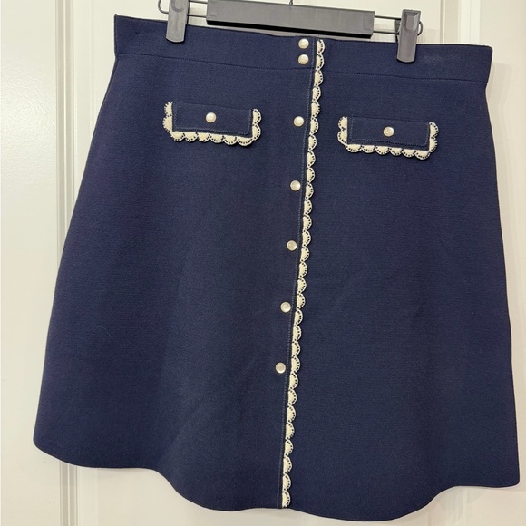 Sandro Dresses & Skirts - Sandro Navy A-Line Skirt with White Accents and Beaded Trim